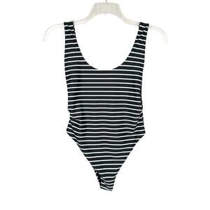 aerie Black & White Striped High Cut Low Back Sides One Piece Swimsuit Sz Large